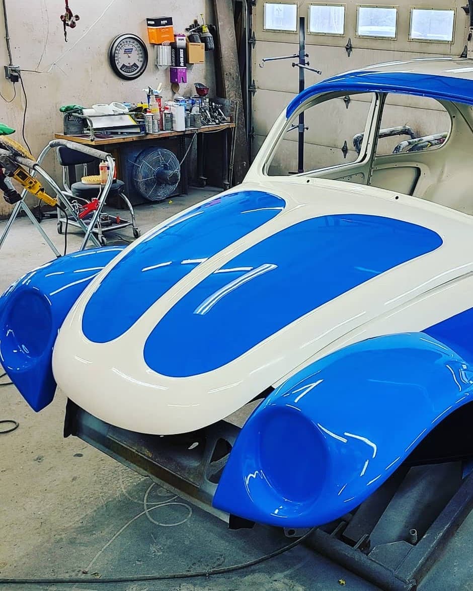 Classic Volkswagen Beetle with rust repair and two-tone custom paint job by JRB Autobody