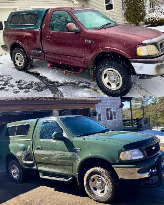 Ford F-150 before and after rust repair on rocker panels, hood, cab corners, and fenders with custom color repaint by JRB Autobody